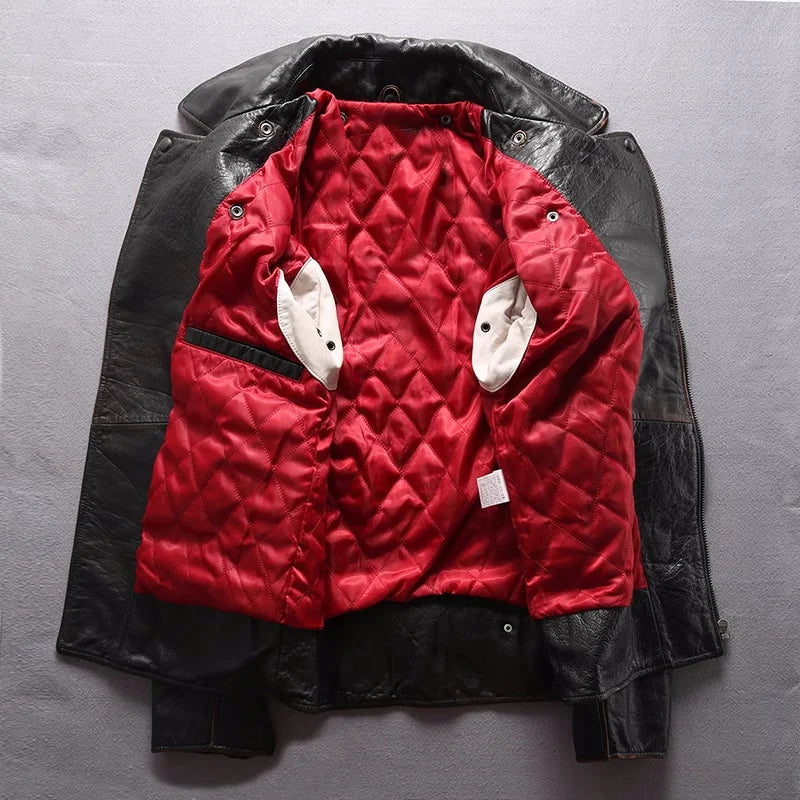 Vintage Black Winter Leather Jacket Men Retro Style Plus Size 5XK Natural Thick Cowhide Diagonal Zipper Genuine Leather Coat