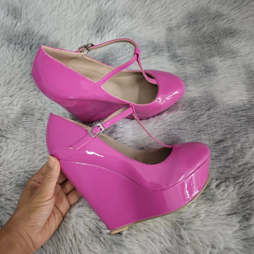 Women Platform Wedge Heels Pumps Autumn Winter 14cm Round Toes T-Strap High Heeled Gladiator Ladies Dress Party Wedding Shoes