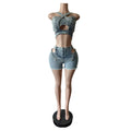 Personality and Sexy Denim Two-piece Summer Set for Women.Strapless Strappy Short Top+High-waisted Hollowed-out Design Shorts
