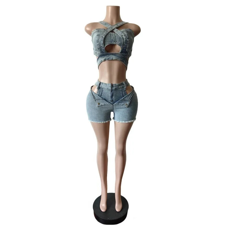 Personality and Sexy Denim Two-piece Summer Set for Women.Strapless Strappy Short Top+High-waisted Hollowed-out Design Shorts