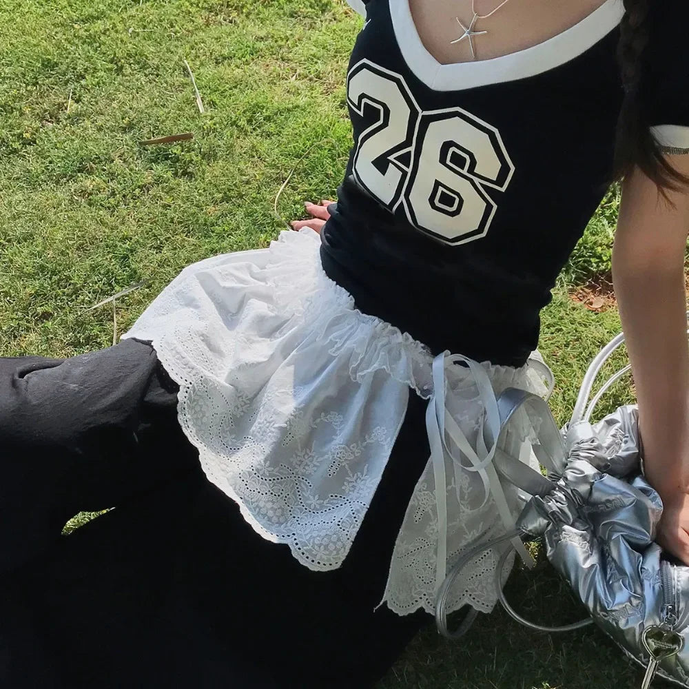 Polyester Embroidered Flower Lace Mini Skirt See Through Y2K Streetwear Ruched Skirts Harajuku Butt Curtain Jeans Decoration
