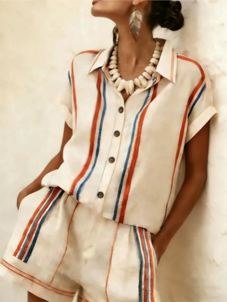 2026 Women Two-piece Set  Vertical Striped Top Women's Summer Loose Casual Versatile Lapel-neck Shorts Sleeve Shirt Shorts Suit