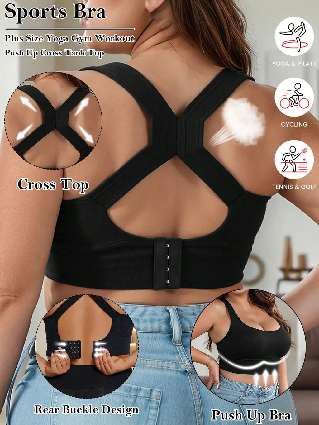 Women's Sports Bra Plus Size Back Closure High Impact Workout Sport Cross Top Breath Lingerie Gym Push Up Bra Seamless Running