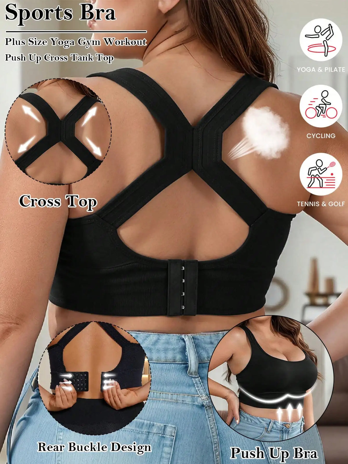 Women's Sports Bra Plus Size Back Closure High Impact Workout Sport Cross Top Breath Lingerie Gym Push Up Bra Seamless Running