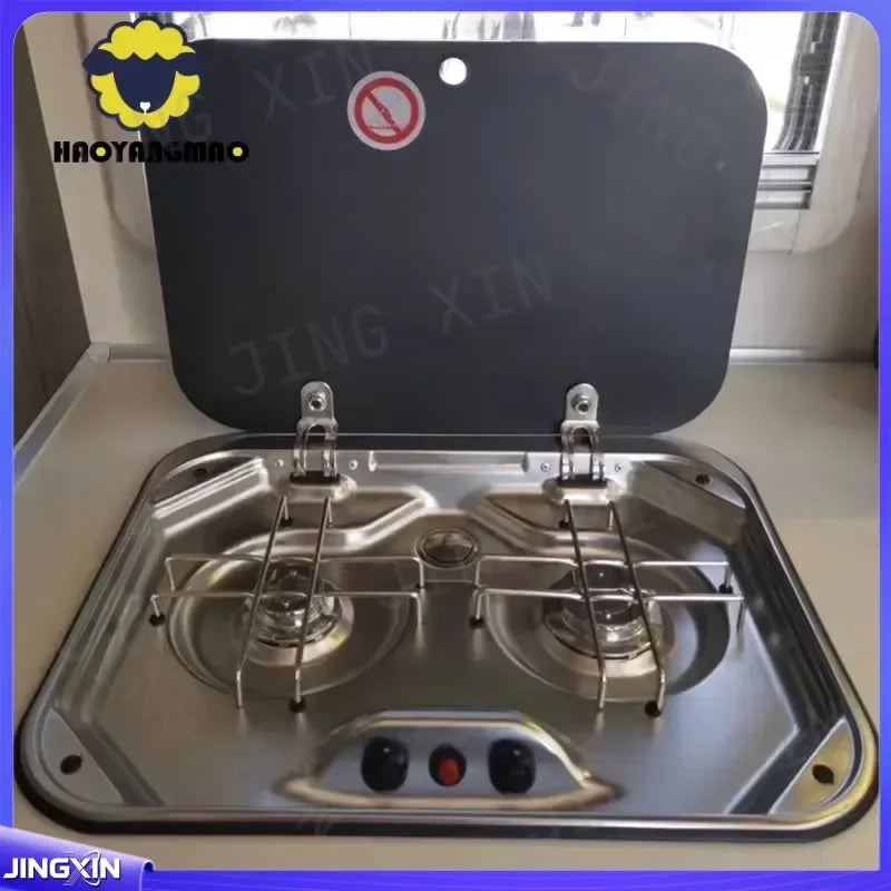 Custom for RV Camper Stainless Steel Double Burner Gas Stove with Tempered Glass Lid 2x1.35KW Outdoor Camping Kitchen