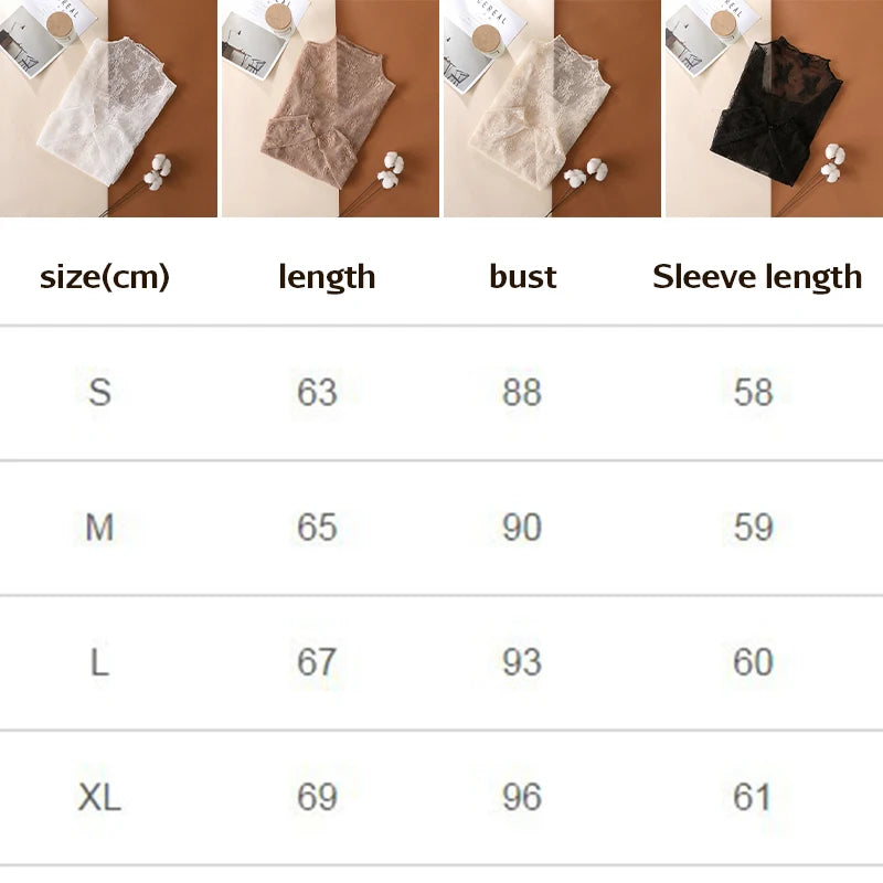 Women Half High Collar Mesh Bottomed Blouse T-shirt Lace Ear Edge Spring and Autumn Western-style Hollow Long Sleeve Lace Top