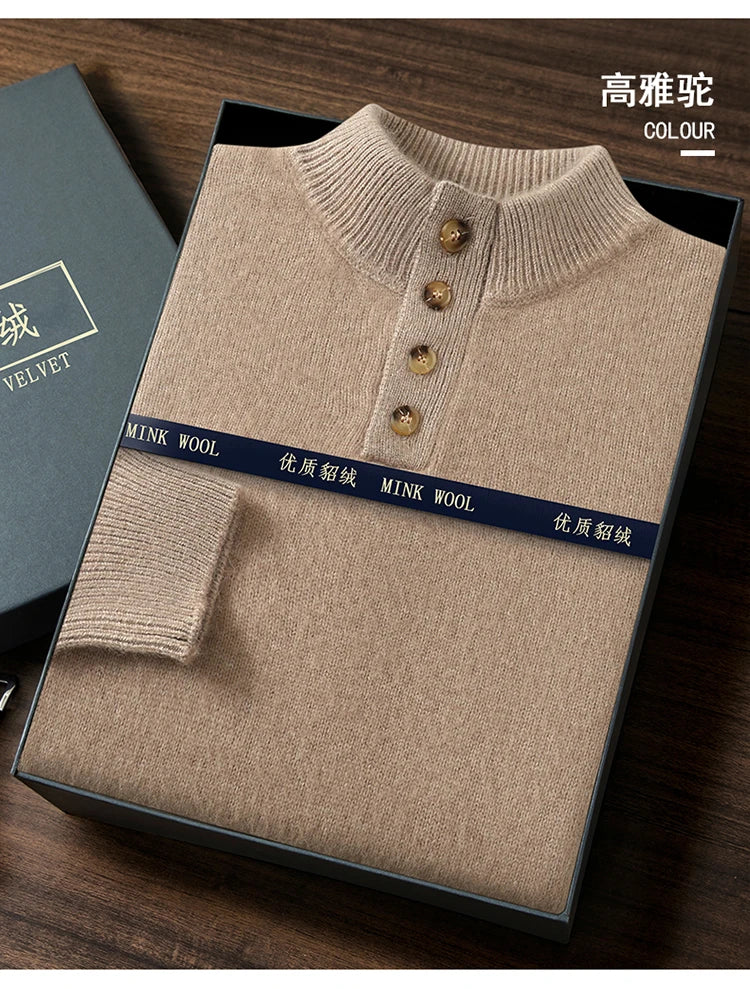 Men's Thicken 100%Pure Mink Cashmere Sweater Youth Button Semi-High Neck Loose Knit Pullovers Autumn and Winter Warm Base Shirt