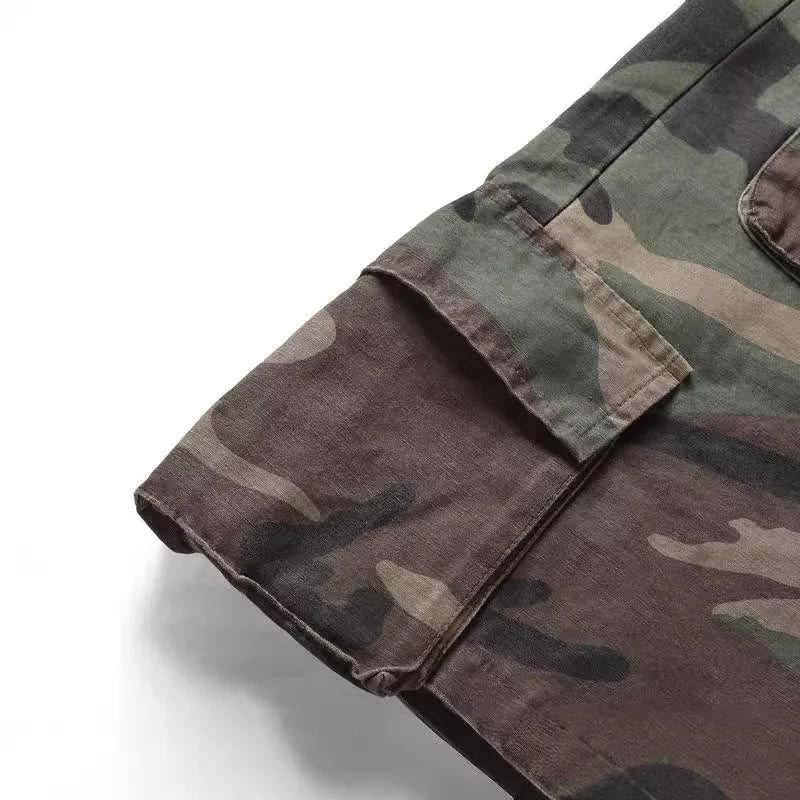 2025 New High Street Trend Drawstring Tie Waist Washed Vintage Casual Camouflage Multi Pocket Cargo Shorts