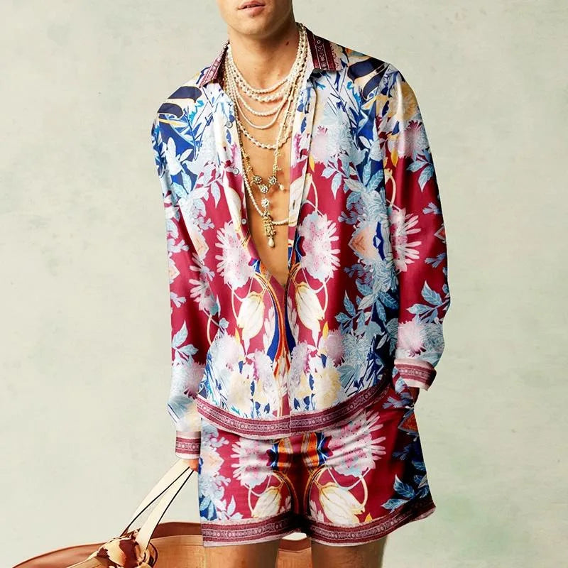 2PCS Suits Men Fashion Shirts+Shorts Two Piece Sets Hawaii Shirts Luxury European Shirt Sets Beach Vocation Outfits Streetwear