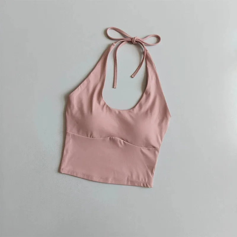 Women Halter Tie‑Up U‑Neck Yoga Sports Top Stylish Design Breathable Comfortable Integrated Fixed Cup Cropped Tank Top Fitness