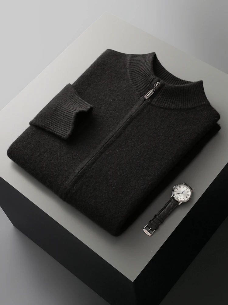 Men's 100% Merino Wool Two-piece Suit Autumn Winter Knitting Zipper Cardigan and Straight-leg Pants Warm Thickened Clothing Sets