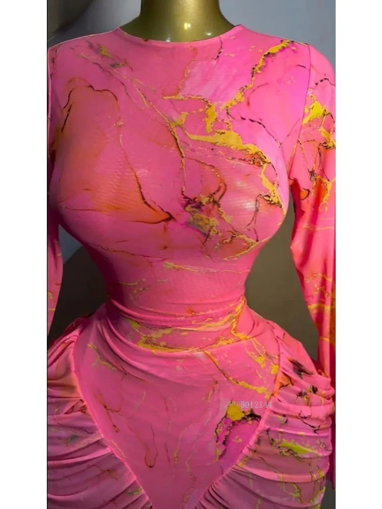 2026 Pink Women Tie Dye Printed Stacked Ruched Long Sleeve Midi Bodycon Maxi Long Dress Birthday Party Education Trendy Dresses