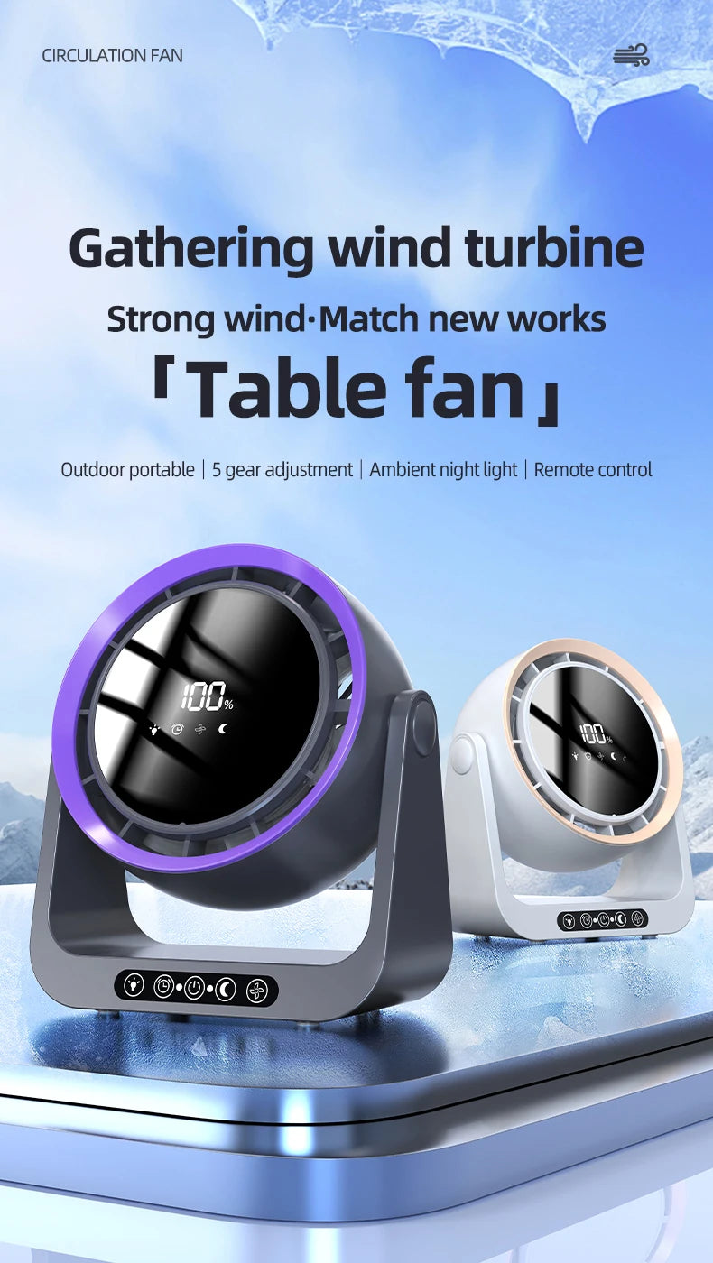 Desktop Circulating Fan With Remote Control Mini Table Fan 4000 mAh Large CapacityRechargeable Wall-mounted Fan With Night Light