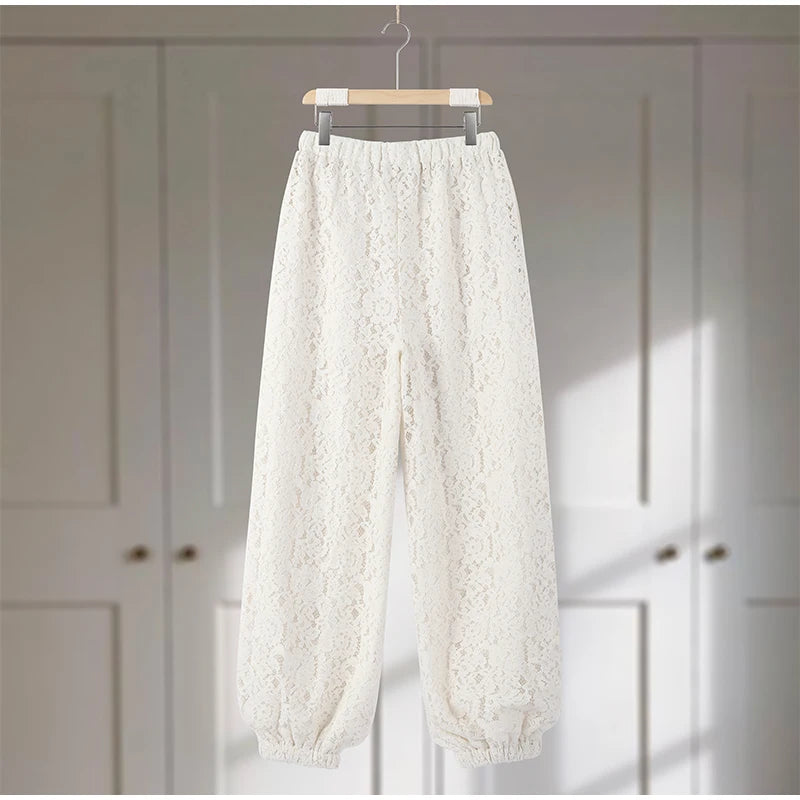 Sheer Floral Lace Tie Balloon Trousers High Waist 2026 Spring/Autumn Elegant Women Bottoms Fashion Chic Holiday Versatile Pants