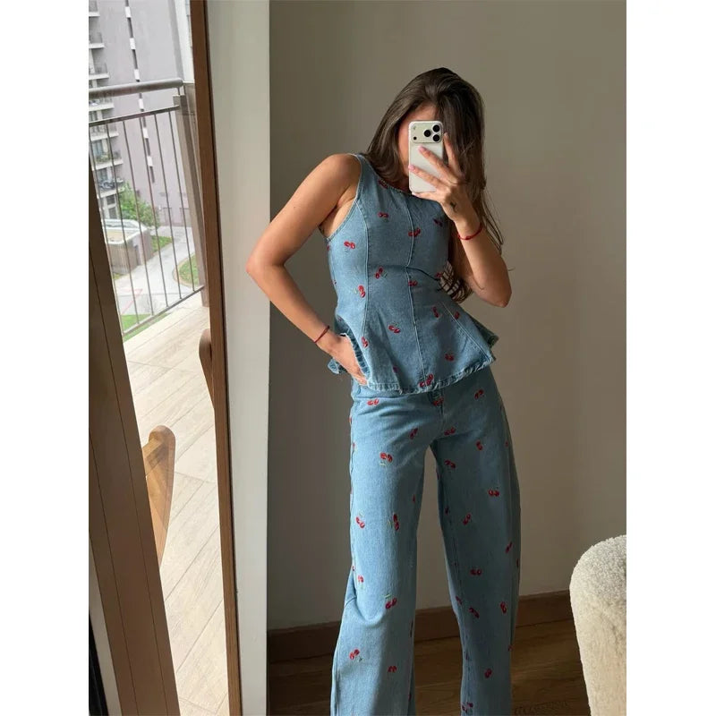 Denim Printed Pants 2 Piece Set Women Elegant Round Neck Sleeveless Vests Slim Long Pant Suits 2026 Lady Daily Street Outfit New
