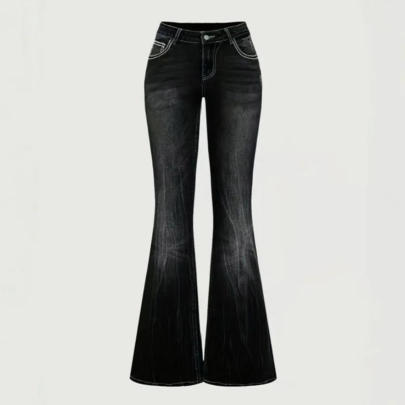 2026 New Female Chic Embroidery Rhinestone Mid-rise Jeans Girls Black Slim Fit Denim Trousers Women Retro Straight Leg Pants