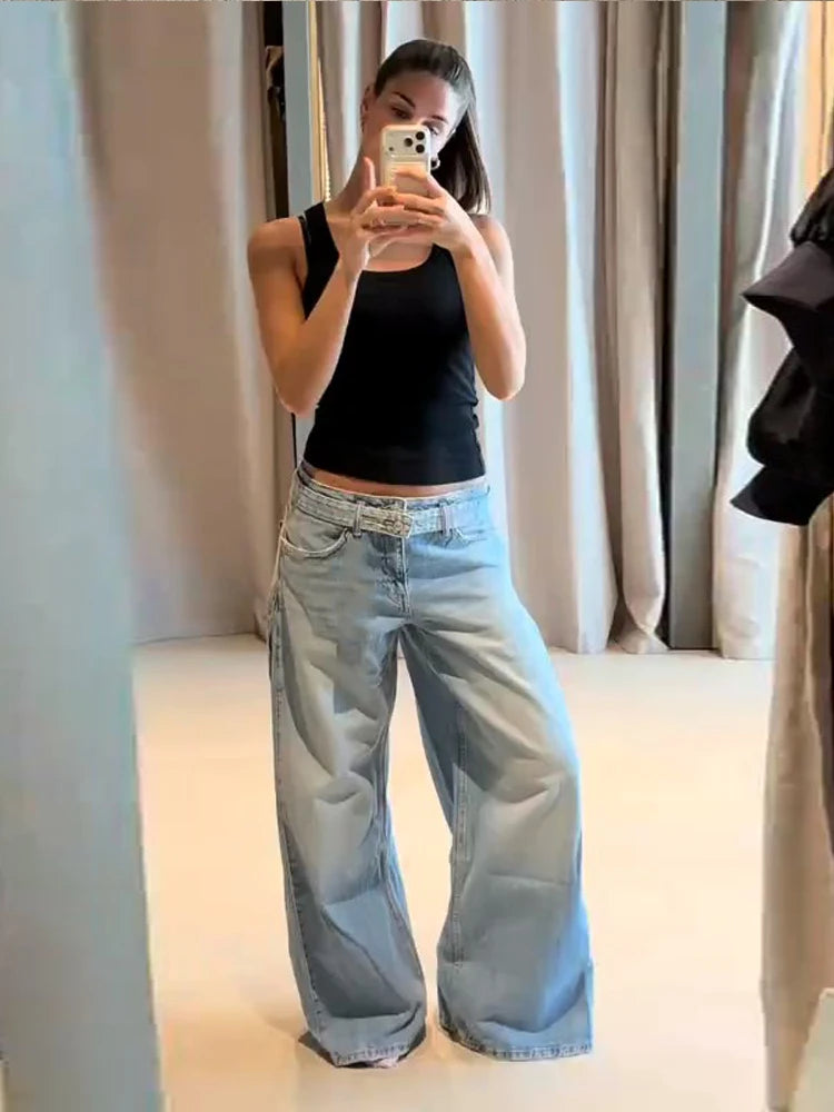 2026 Spring Low Waist Pleated Wide Leg Jeans Light Wash Raw Edge Double Waistband Casual Women Pants Trendy Y2K Lady Trousers