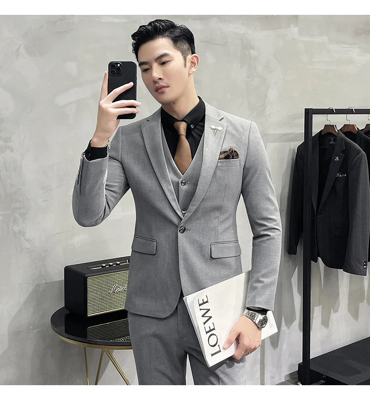 Blazer Vest Pants Men's Navy Blue Suit Set Slim Fit Blazer Vest Pants Formal Outfit for Business Wedding Office Groom Party