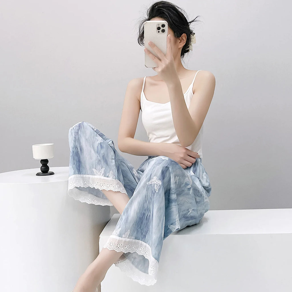 Women Viscose Casual Trousers With Lace Loose Pajamas Home Pants Thin Wide Leg Pants Fashion Oversized Sleep Bottom Korean Pants