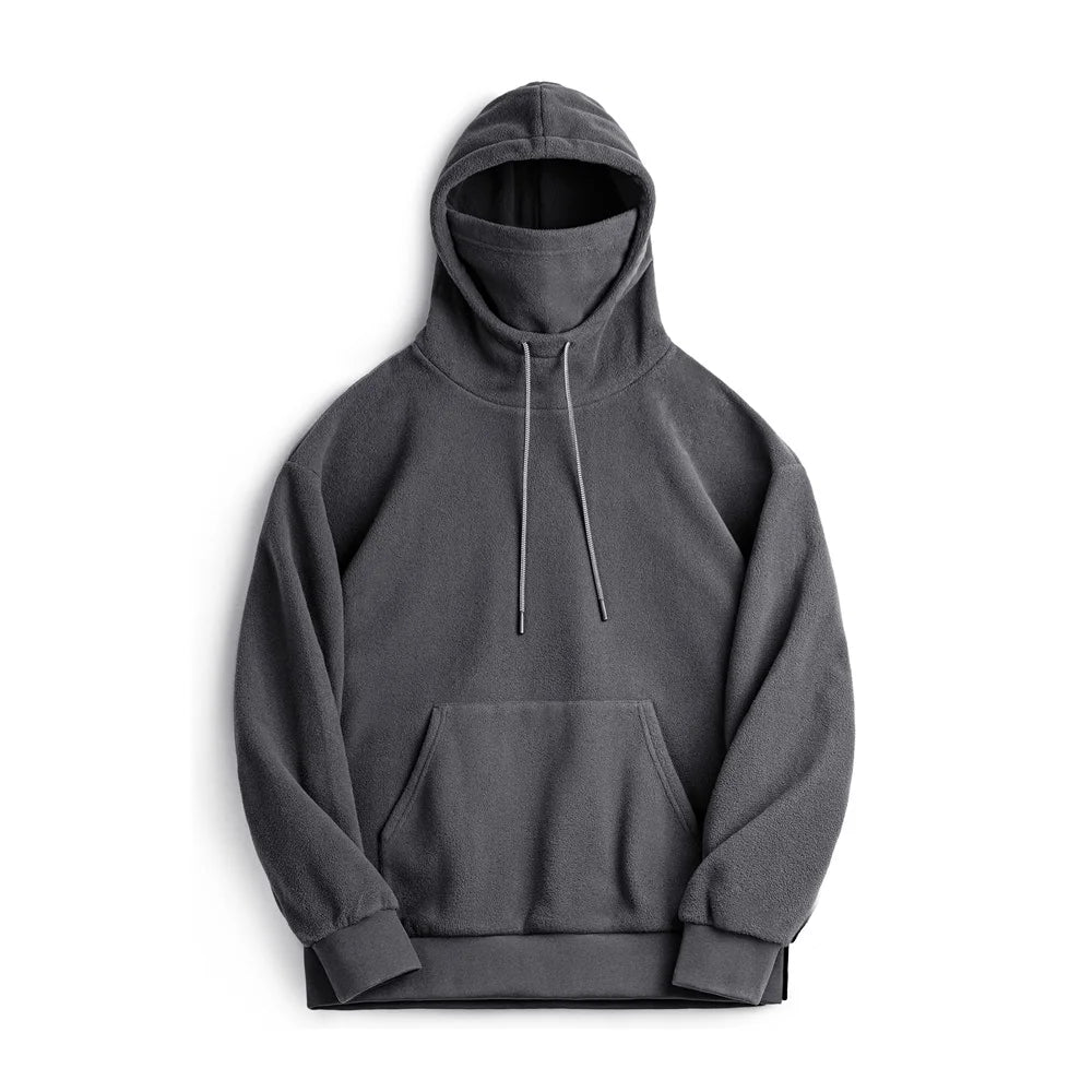 Maden Casual Polar Fleece Hooded Sweatshirt Solid Color Windproof Pullover with Face Mask Warm Tops for Men's Fall and Winter