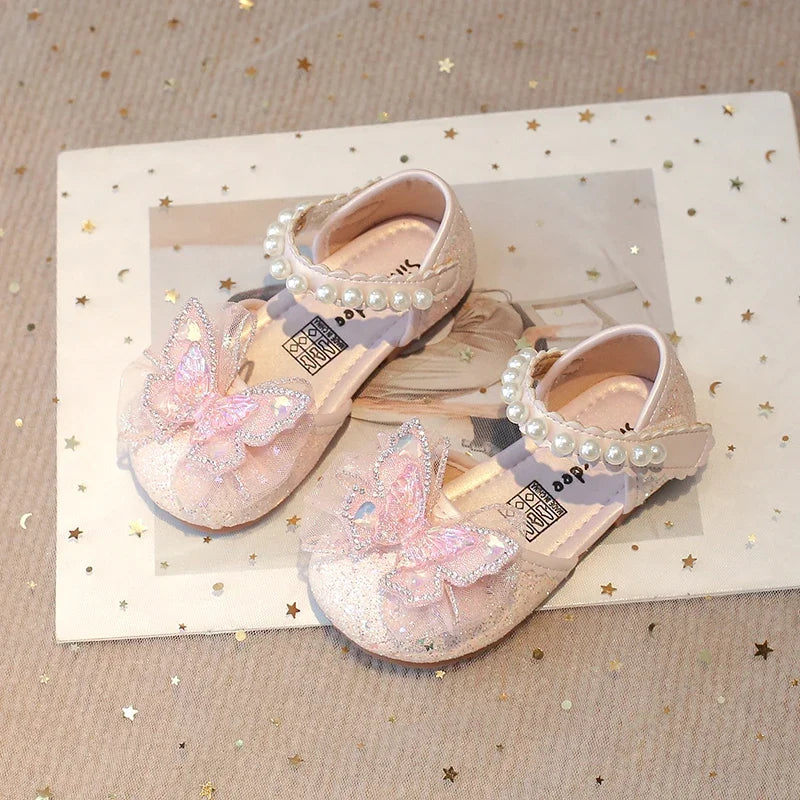 Chic Girls Dress Shoes for Wedding Party Bling Sequins with Rhinestone Butterfly Sweet Princess Chic Kids Flat Shoes Lace Beaded