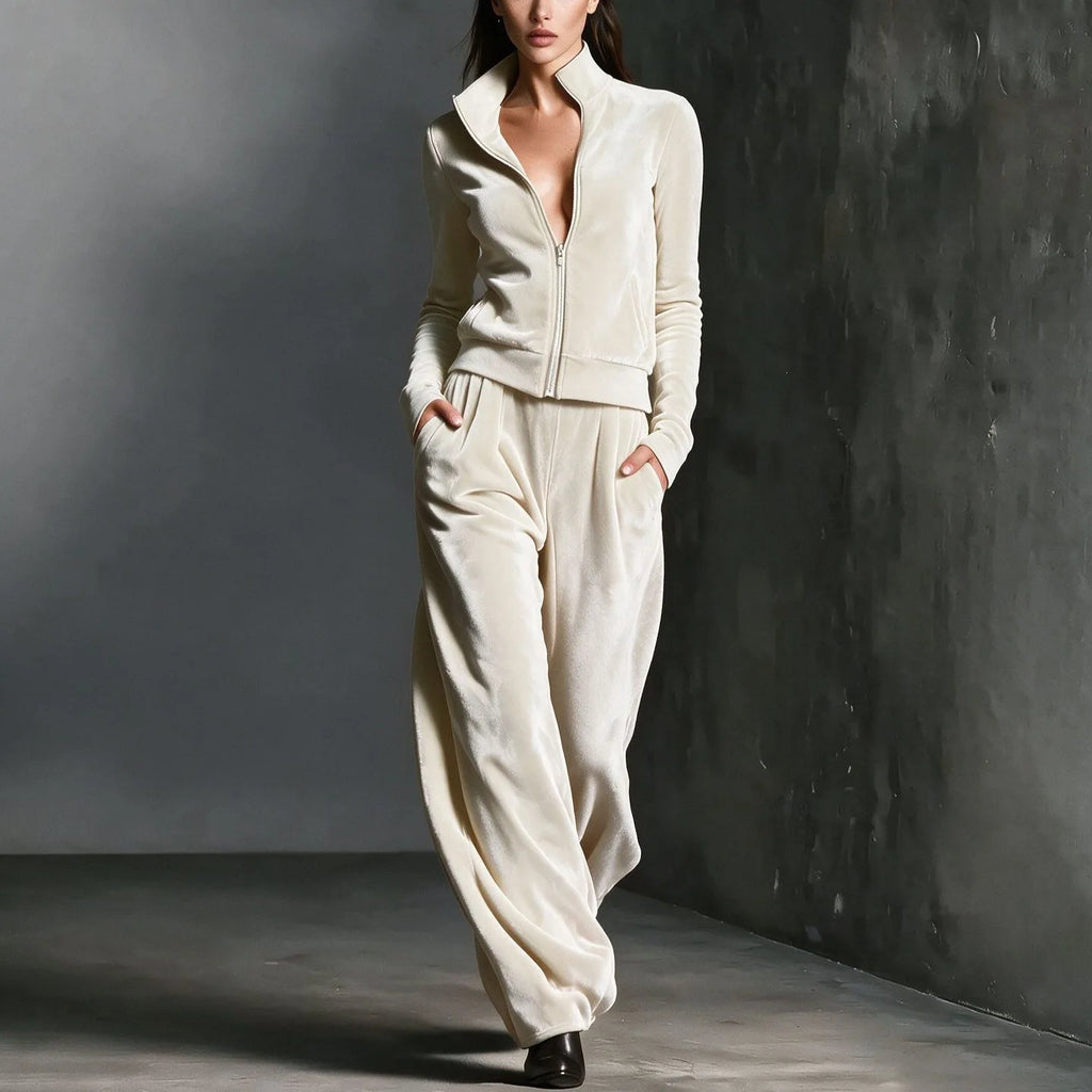 Autumn Winter Warm Gold Velvet Two Piece Set Women's Fashion Solid Stand Zipper Cardigan+Pants Sports Suit Ladies Casual Outfit