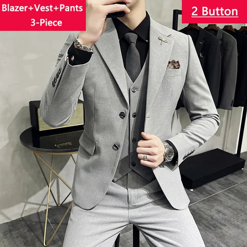 Blazer Vest Pants Men's Navy Blue Suit Set Slim Fit Blazer Vest Pants Formal Outfit for Business Wedding Office Groom Party