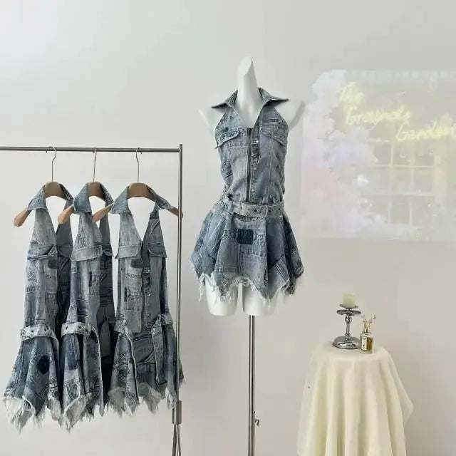 American Denim Waist-cinching Halter Neck Backless Sexy Casual Dress for Women, Distressed Retro Spliced Short Skirt