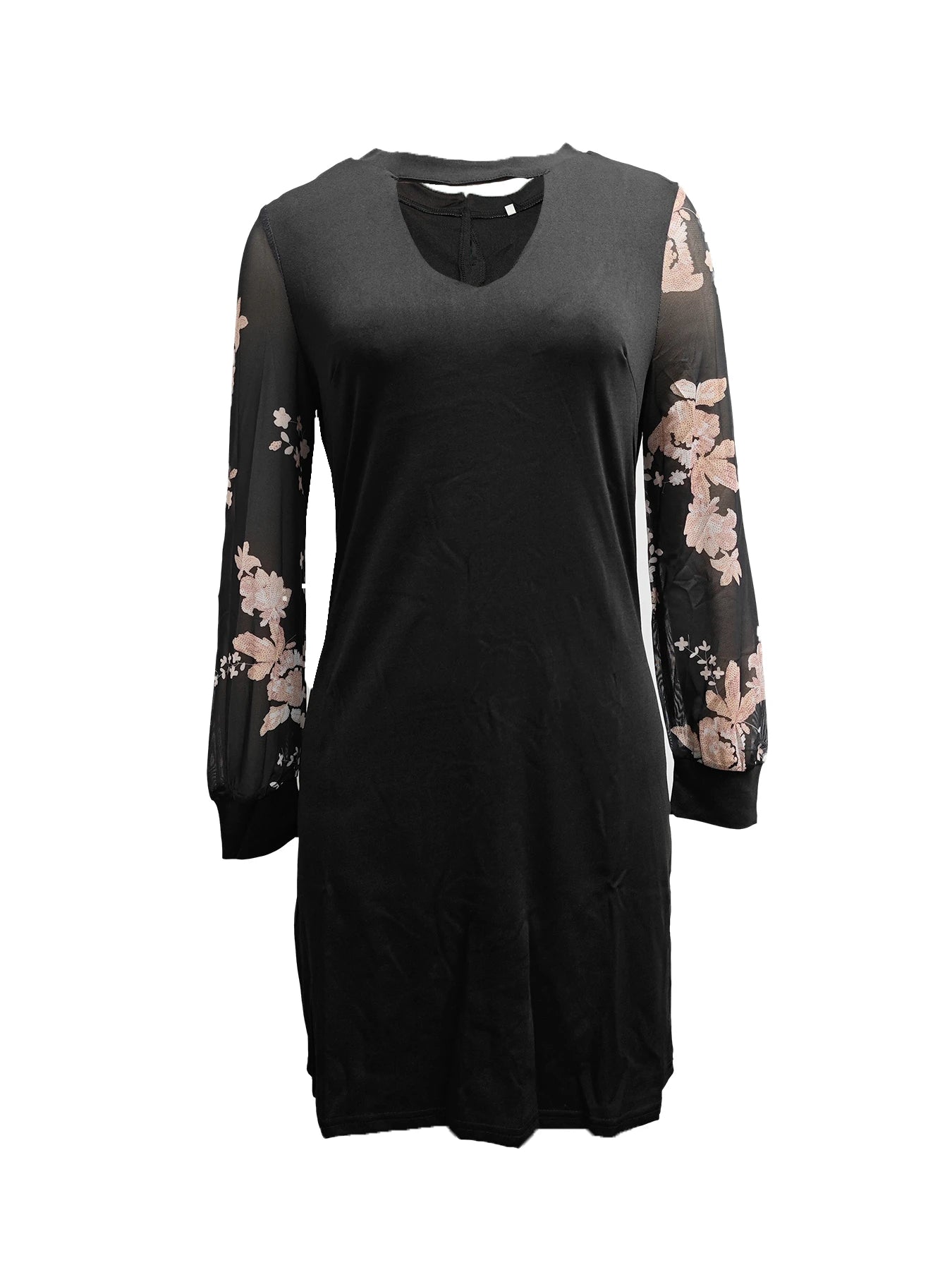 Sexy V Neck Mesh Lace Sleeve Dresses 2024 Spring Autumn Casual Loose Black Elegant Office Ladies Mini Dress