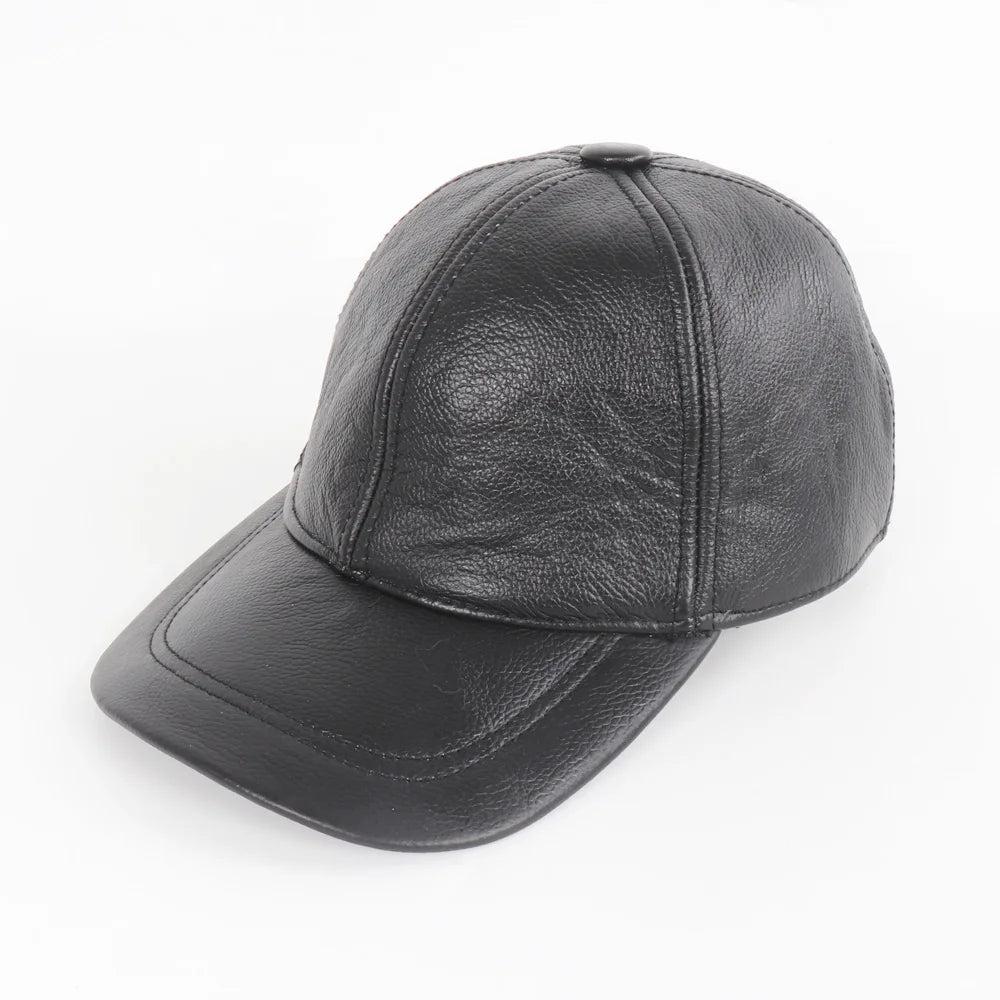 New Men Casual Real Leather Earflap Cap Men Real Cowhide Leather Caps Male Fall Winter Genuine Real Cow Leather Baseball Hats