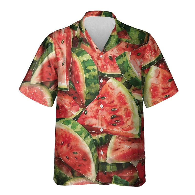 Tropical Fruit Watermelon Graphic Hawaii Shirt Summer Street Short Sleeves 3D Printed Fruits Button Shirts Men Lapel Blouse Tops
