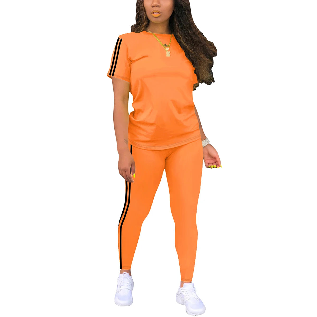 Women's Side-Striped Summer Sportswear Set Short Sleeve Long Pants Breathable Base Layer Clothing Colorful Casual Outfit