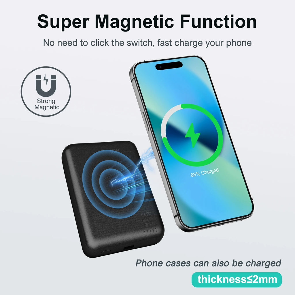 5000mAh Magnetic Power Bank Wireless Portable Charger 20W Fast Charging Output USB-C MagSafe  for iPhone16 15 14 Powerbank
