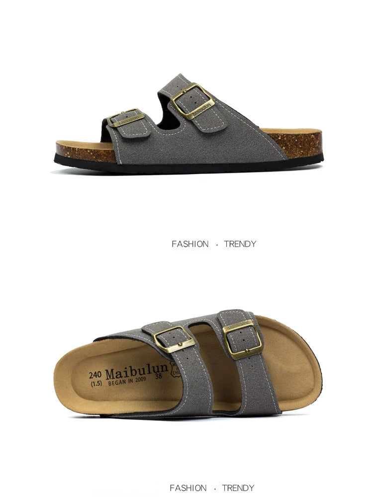 Nubuck Women Cork Slippers Summer Mule Clogs Flats Sandals Slides Casual Beach Couple Double Buckle Soft Shoes Footwear Big Size