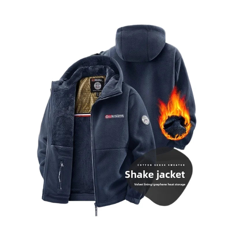 CHUJIE Men's autumn and winter fleece fashion graphenewarm hooded jacket outdoor hiking sports with thick fleece cardigan jacket