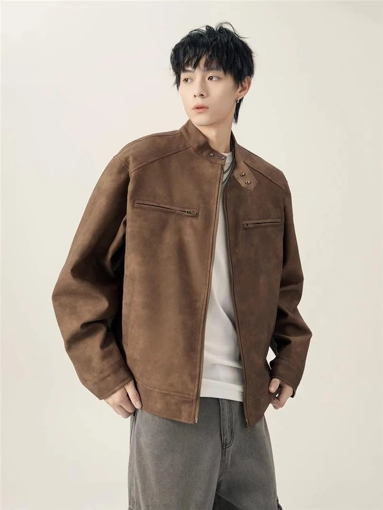 Men's American Retro Brown Leather Jacket Men Motorcycle Er Jacket Casual Baseball Varsity Coat Couple Streetwear Outerwear