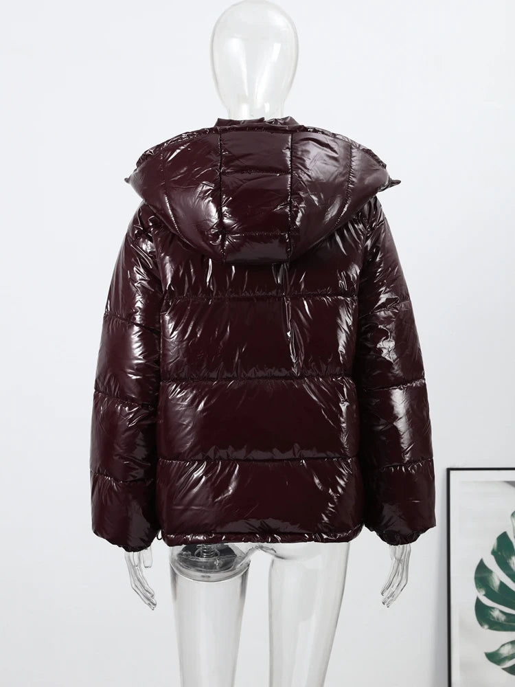Chic Glossy Zipper Hooded Coat Women's Warm Elastic Waist Pleated Cropped Puffer Jacket 2026 Winter New Lady High Street Outwear