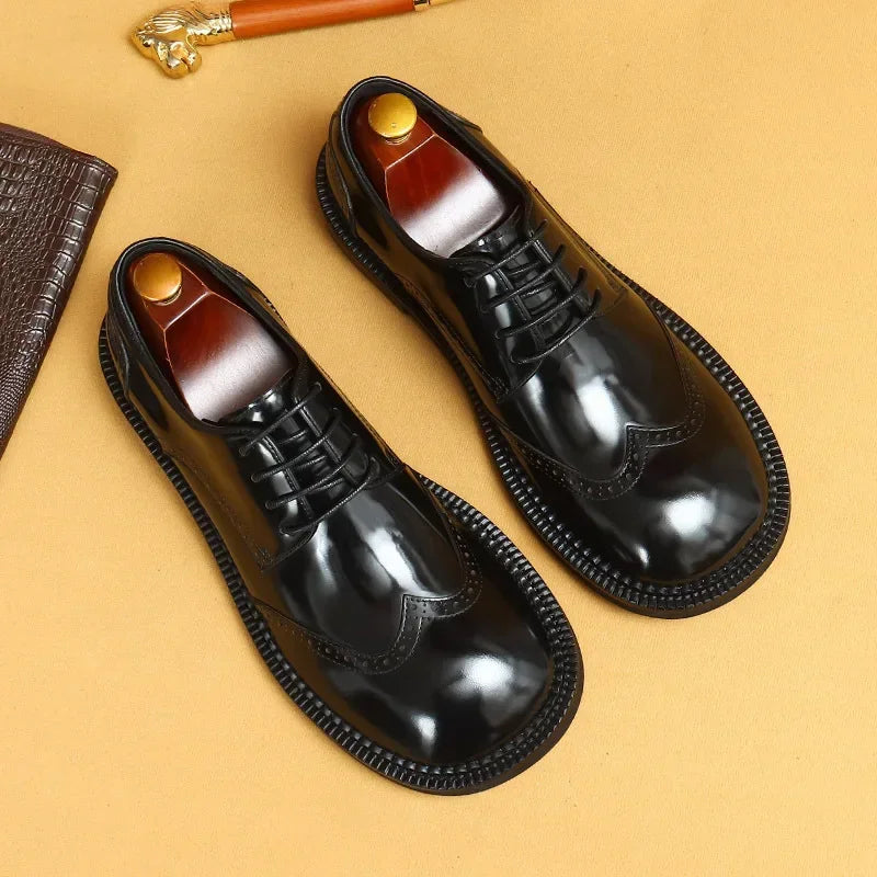 Retro Mens Dress Brogues Shoes Luxury Genuine Leather Round Toe Handmade Fashion Flat Autumn Black Wedding Social Shoes Man 2025
