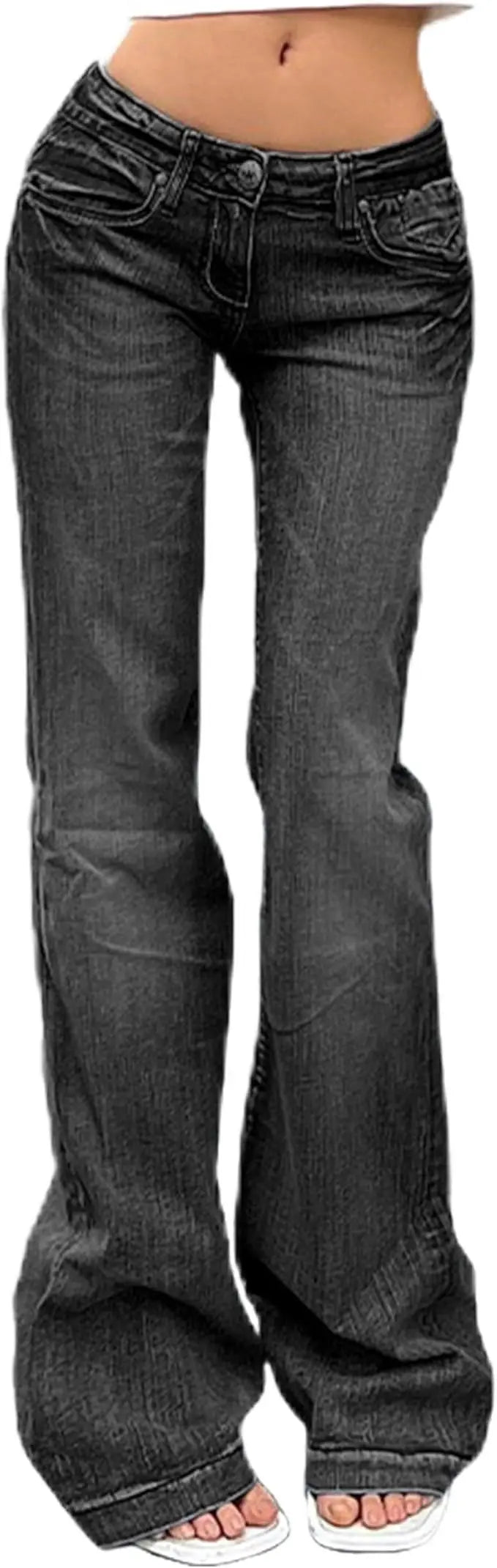 Women Washed Jeans Flare Pants Denim Mid Waist Slim Fit Pockets Button Solid Vintage Full Length Casual Denims Trousers