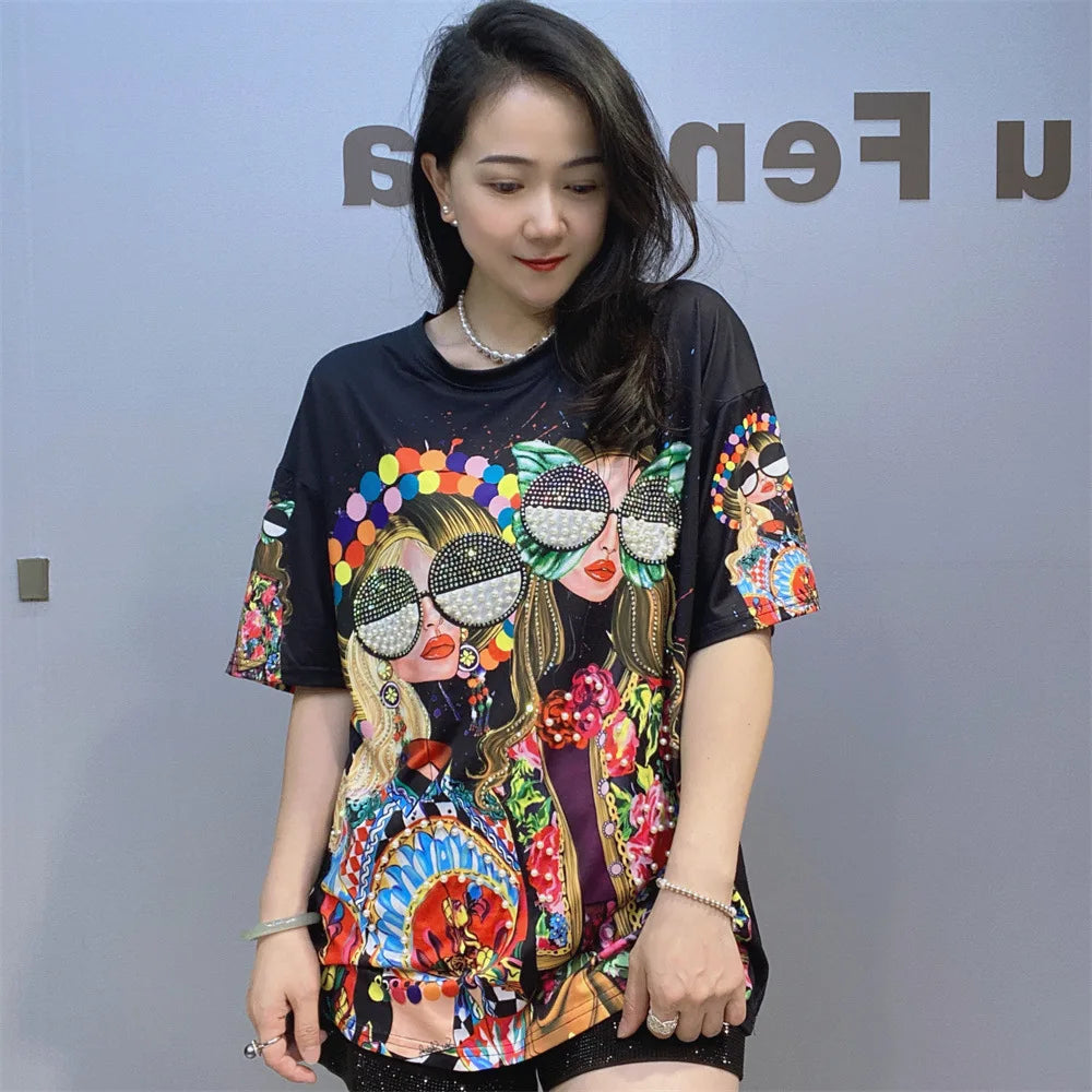 Colorful Fashion Printed T Shirts Women Summer Clothes Casual Character Diamonds Beading Short Sleeve Tops Tee Женская Одежда
