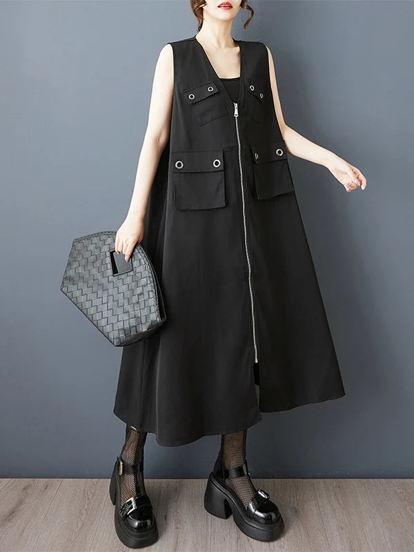 Summer 2026 Loose k Faion V-Ne Zipper Vest Dr Patchwork 3D ket Personali Dr Retro Sle Midi Skirt Dr