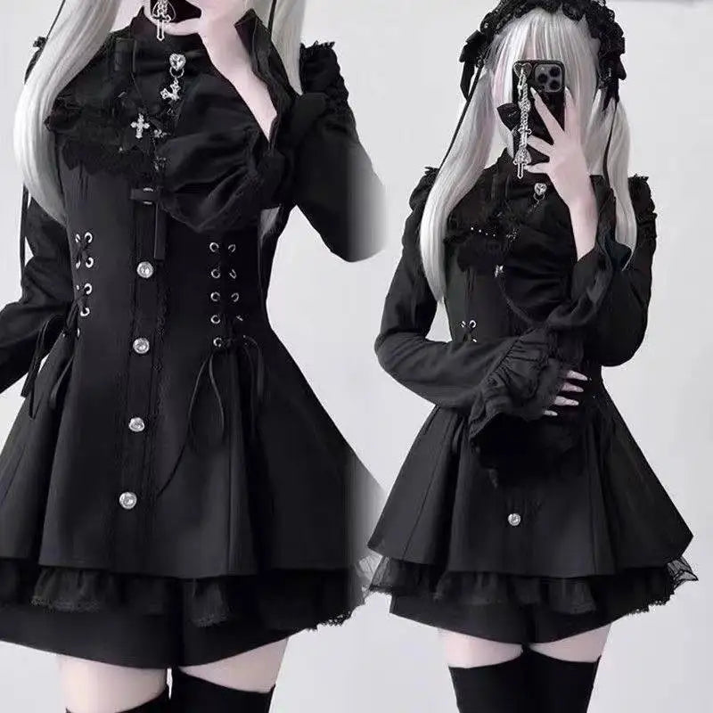 Gothic Lolita Two Piece Set with Bow, Y2K Aesthetic Flare Sleeve Mini Dress, Japanese Punk Style Party Co-ord Outfit