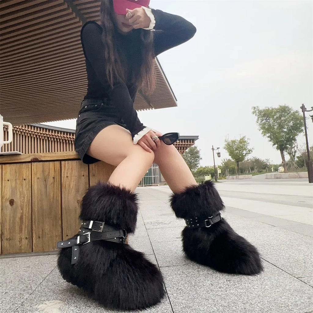 Winter Fur New Design Onepiece Raccoon FurFemale Snow Boots Fur shoes OutdoorMid Leg Boots y2k Cool Pink Girl