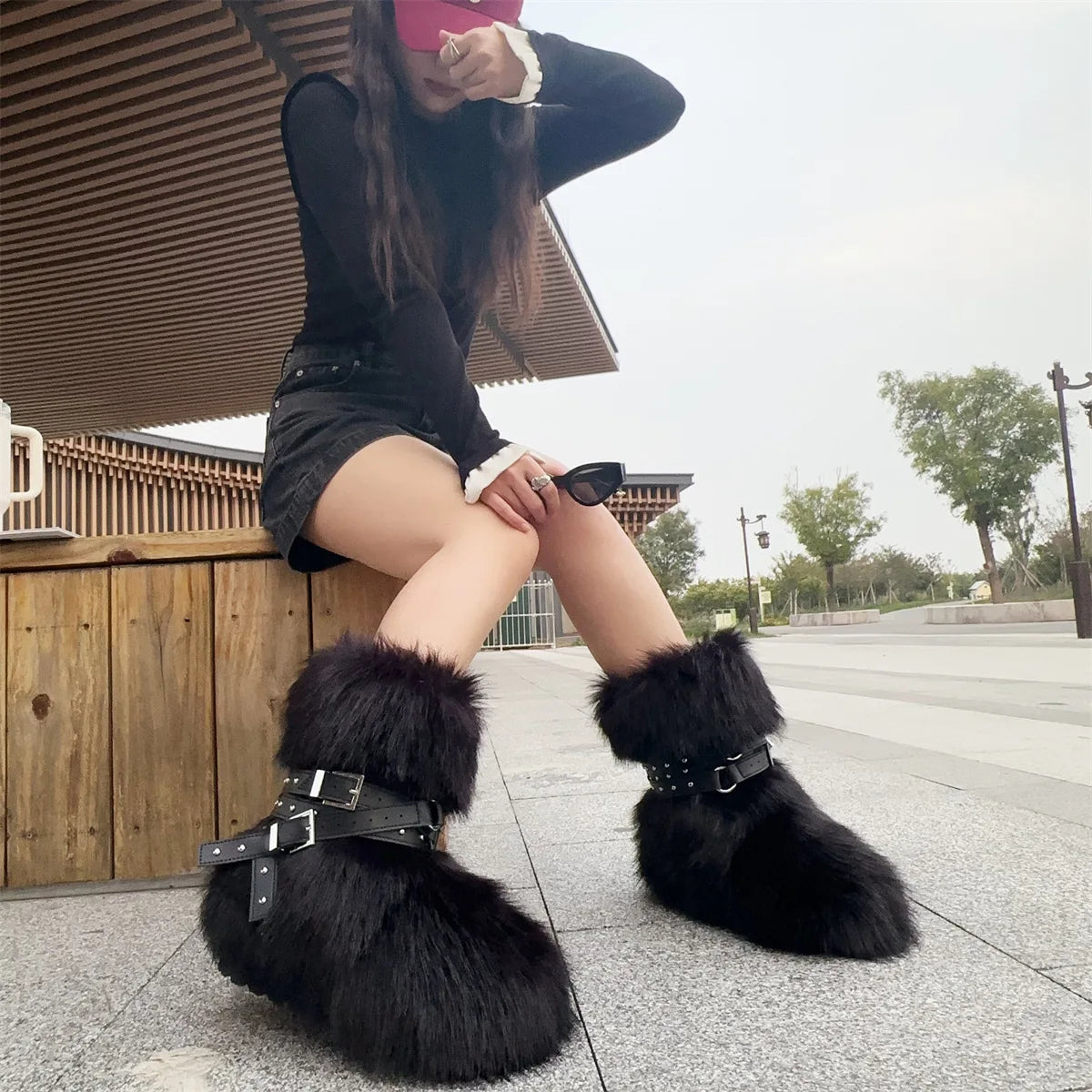 Winter Fur New Design Onepiece Raccoon FurFemale Snow Boots Fur shoes OutdoorMid Leg Boots y2k Cool Pink Girl