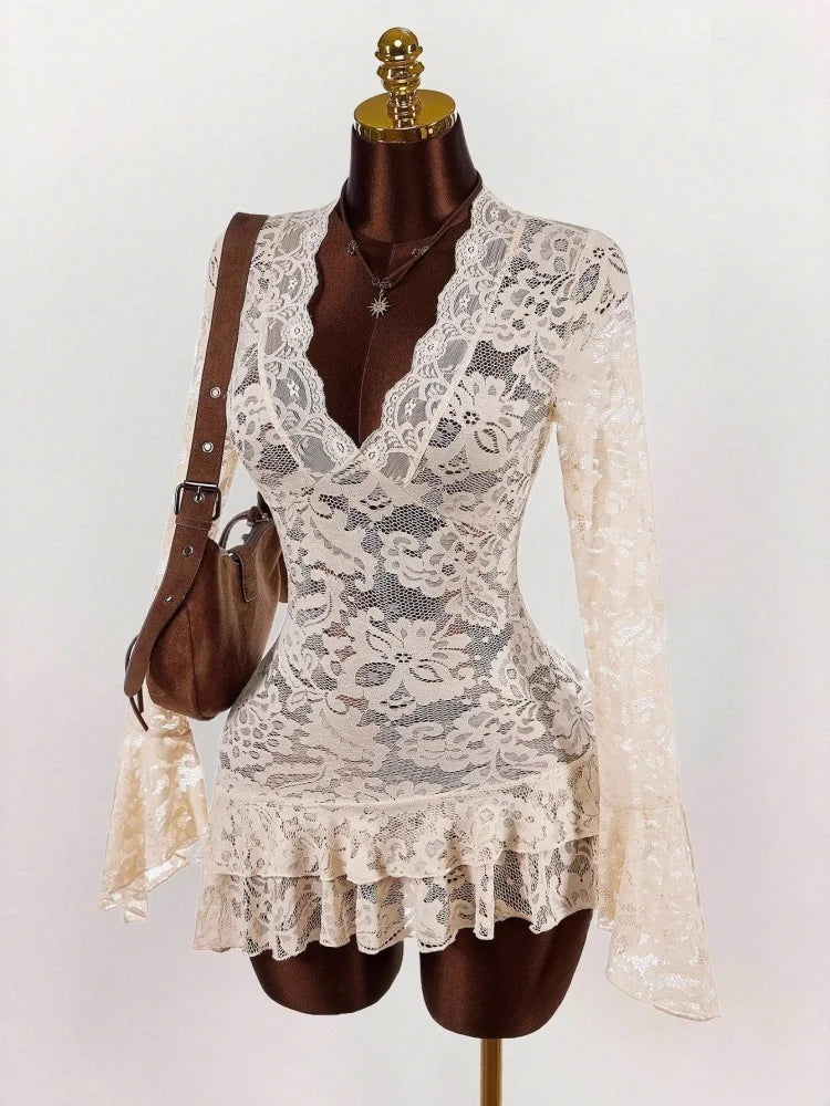 Wmstar Dresses for Women Wholesale Ruffled Lace V Neck Belted Short Dress See Through Design Suitable Beach Vacation 2026
