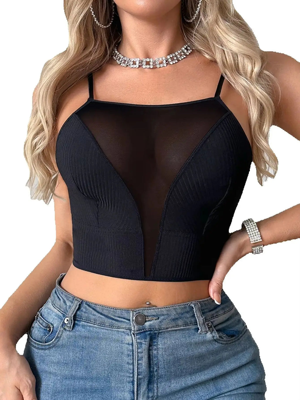Women Sheer Mesh Cropped Camisole Top Ribbed Wireless Tank Top Thin Sexy Lingerie Bra