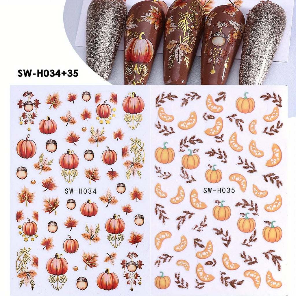 2pcs Glitter Autumn Pumpkin Maple Leaves Nail Stickers Metal Gold Fall Pine Cones Adhesive Decals Painting Foils Manicure Deco