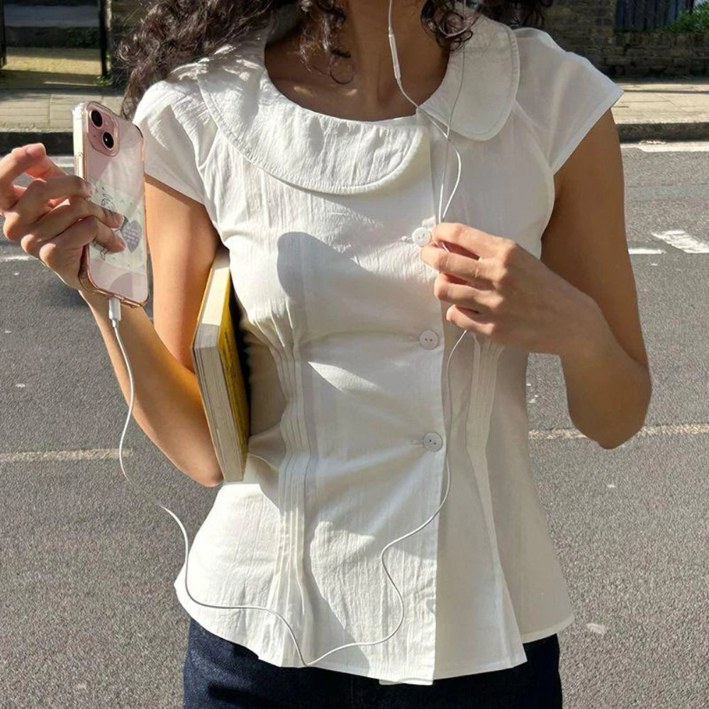 Lady's Y2K white fitted shirt with collarless design minimalist high street style irregular pointed hem retro 90s streetwear