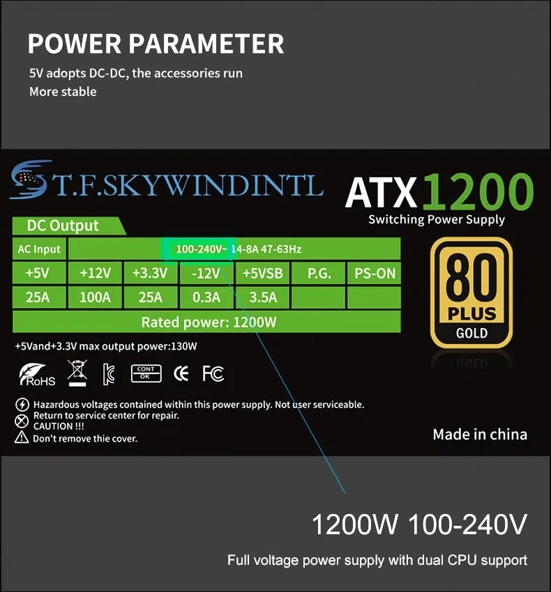 PCIE 5.0 1200W PC Power Supply Full Modular PSU For Power Source 1200W WATT Power Supply ATX PC PSU GPU Gaming Graphics