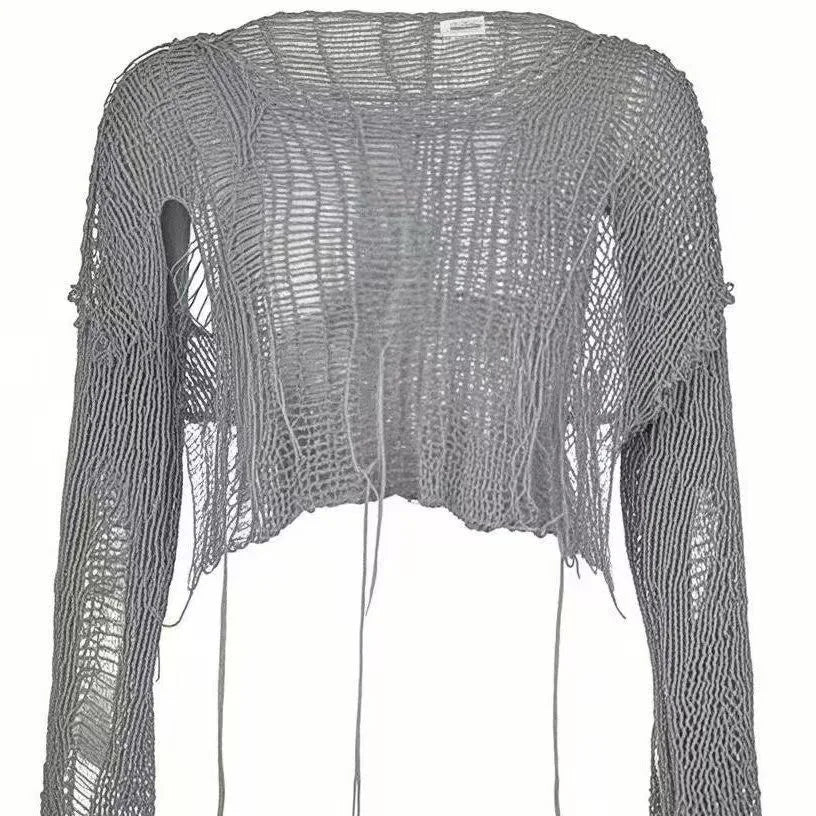 Sexy White Slash Neck Grunge Knitted Women's Sweater Hole Ripped Pullover Crop Top Harajuku Hollow Out Fashion Summer Jumpers